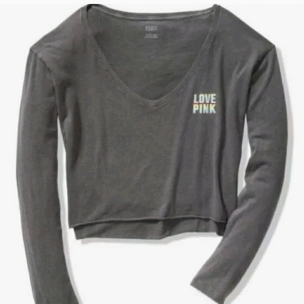 PINK BY VICTORIAS SECRET Love Pink gray pastel rainbow cropped long sleeve top - Picture 1 of 2